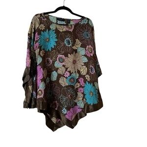 CONTEXT Woman | Gorgeous Brown / Aqua/Pink Floral 100% Silk Poncho Top Coverup